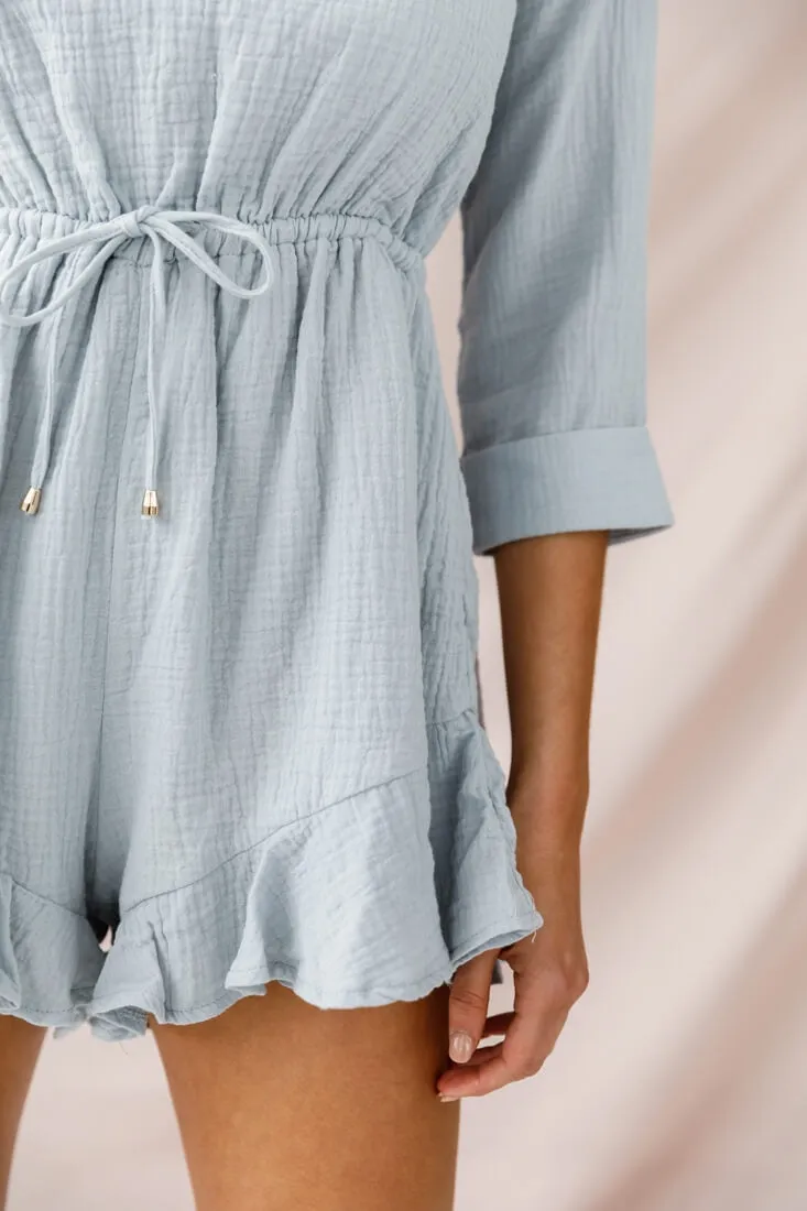Mimi Three-Quarter Sleeve Drawstring Romper Grey