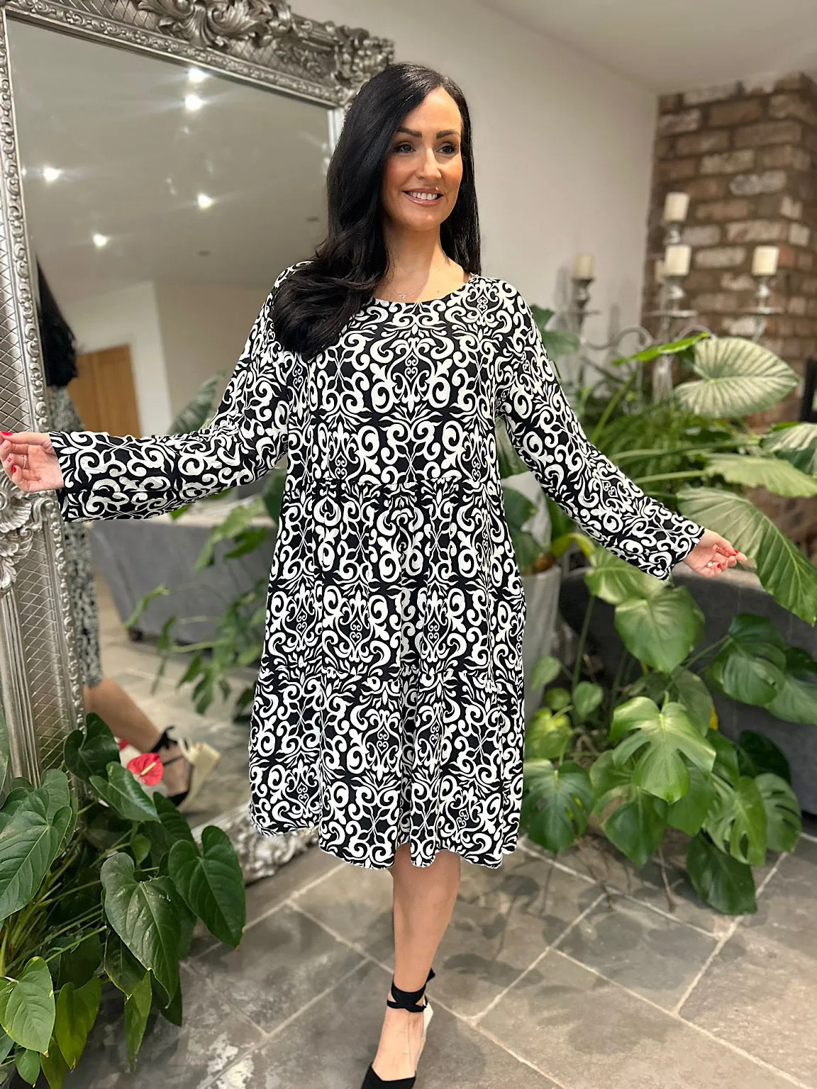 Monochrome Elegant Print Tiered Dress Mollie