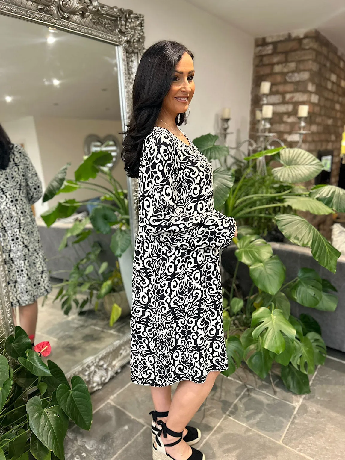 Monochrome Elegant Print Tiered Dress Mollie