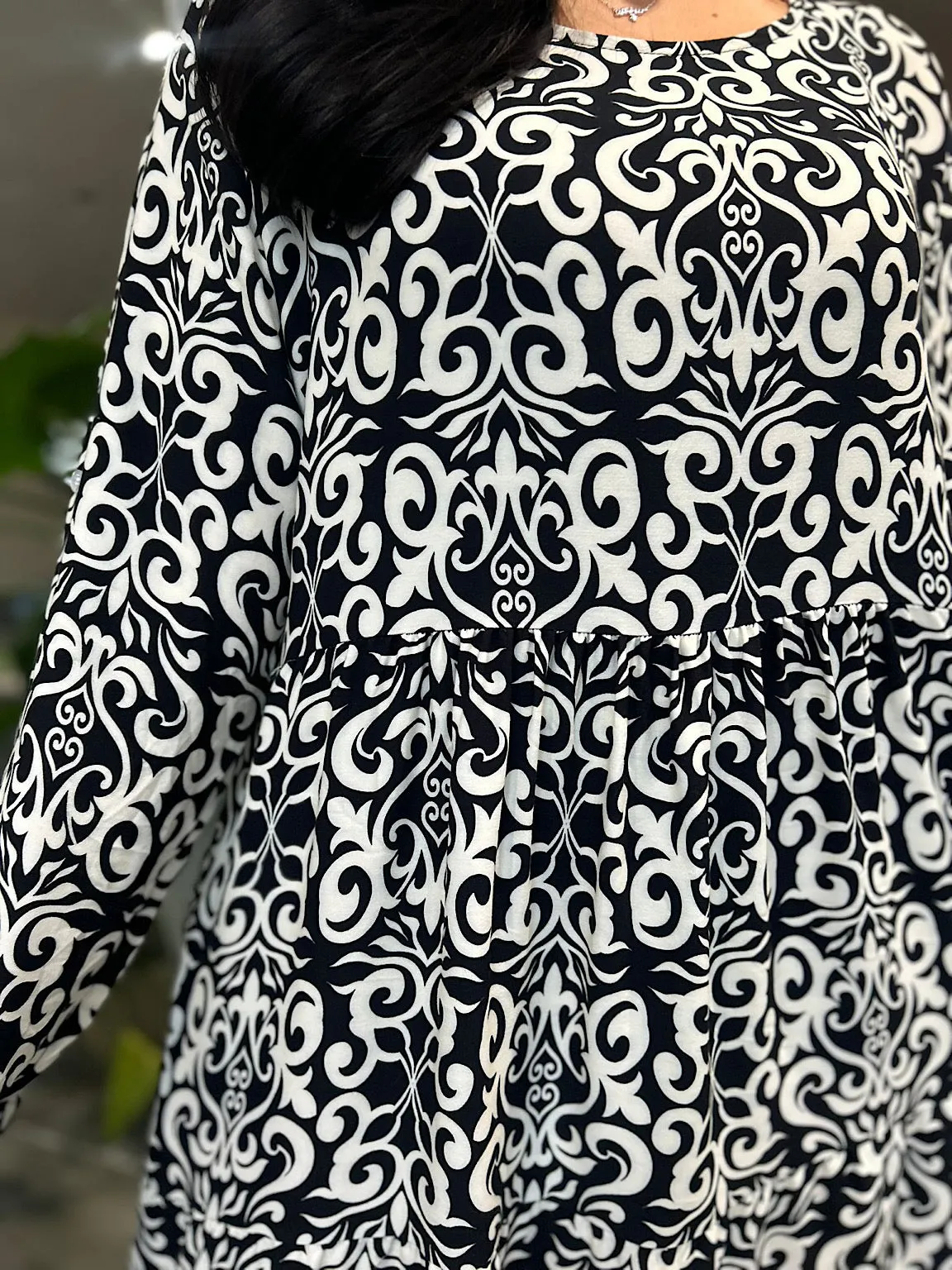 Monochrome Elegant Print Tiered Dress Mollie