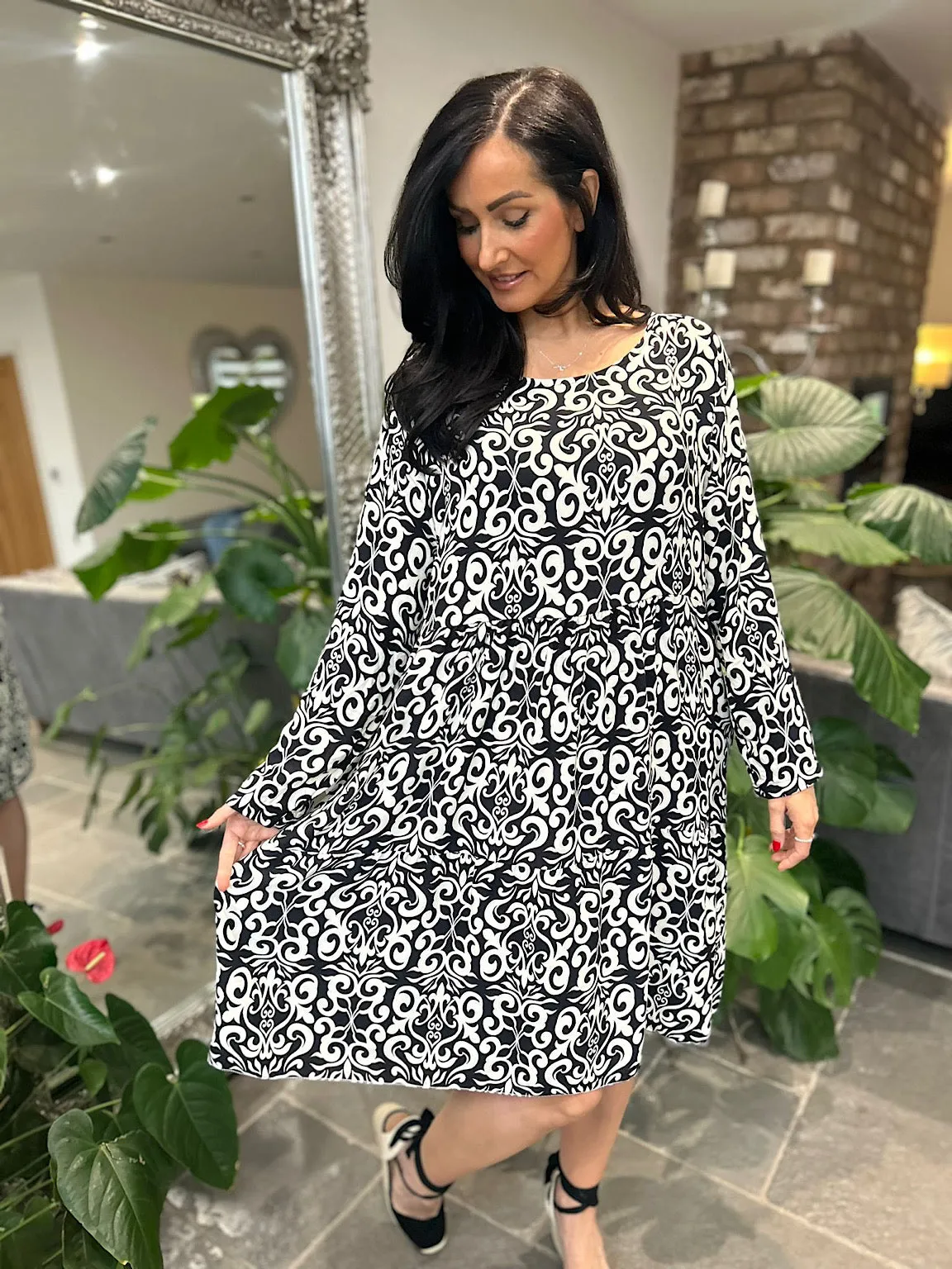 Monochrome Elegant Print Tiered Dress Mollie