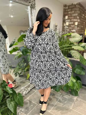 Monochrome Elegant Print Tiered Dress Mollie