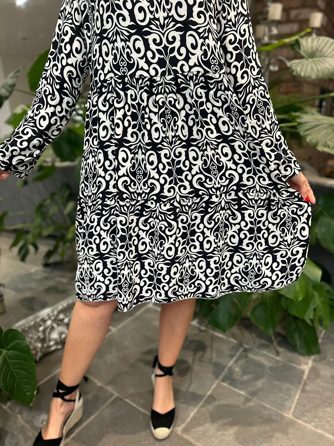 Monochrome Elegant Print Tiered Dress Mollie