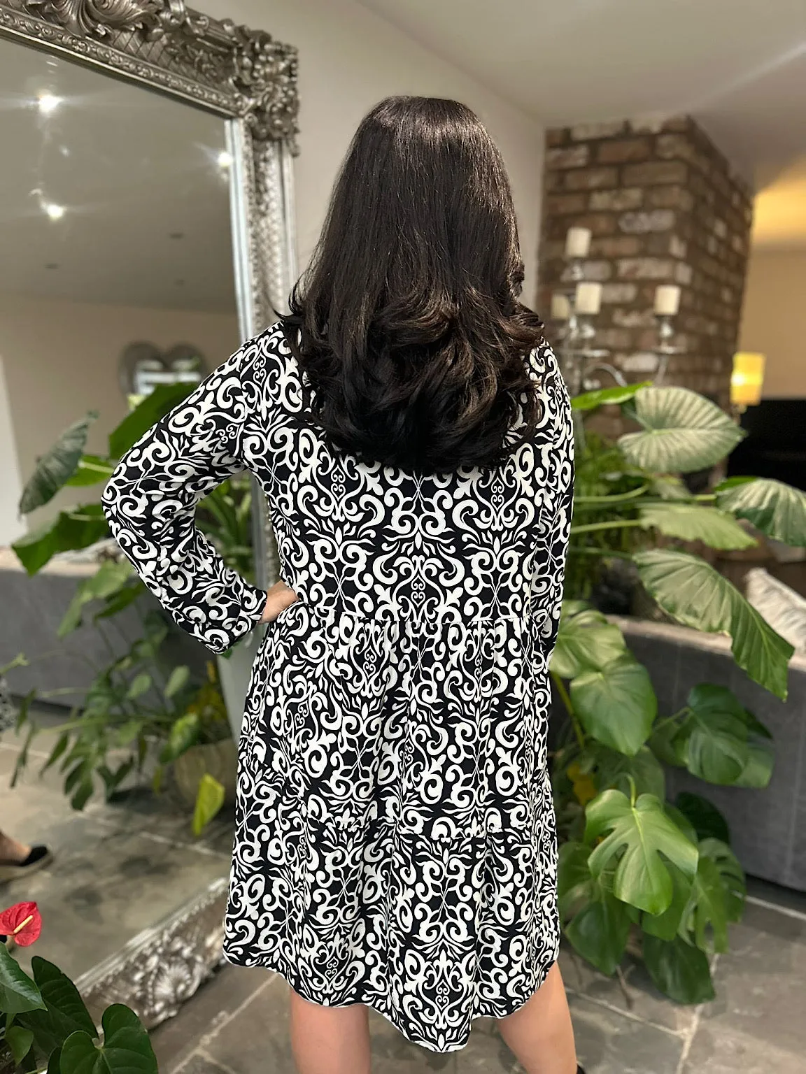 Monochrome Elegant Print Tiered Dress Mollie