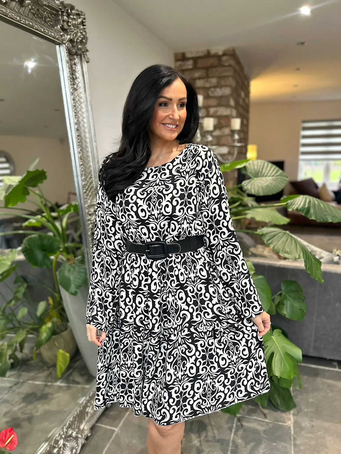 Monochrome Elegant Print Tiered Dress Mollie