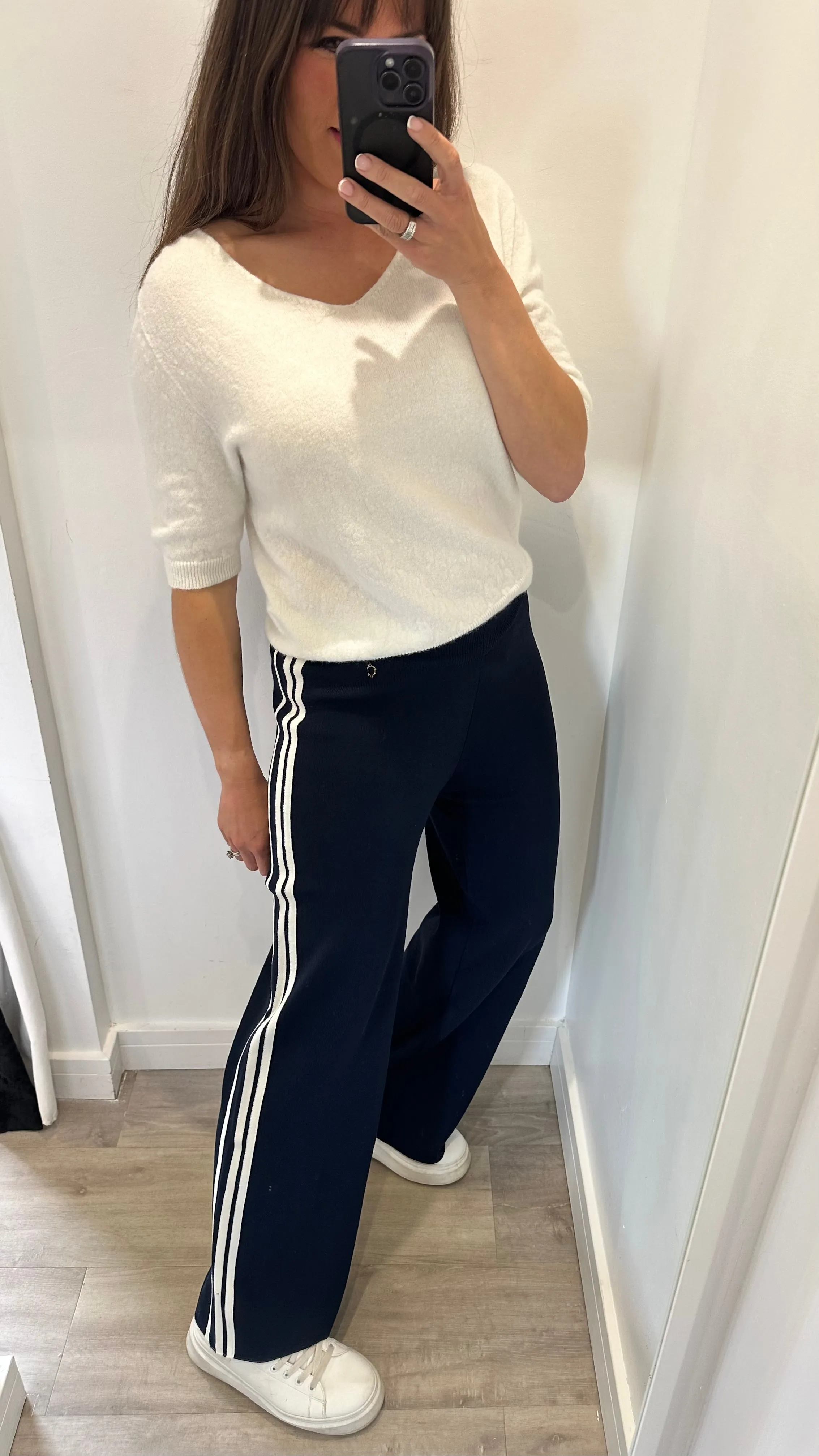 NAVY STRIPE KNIT TROUSERS