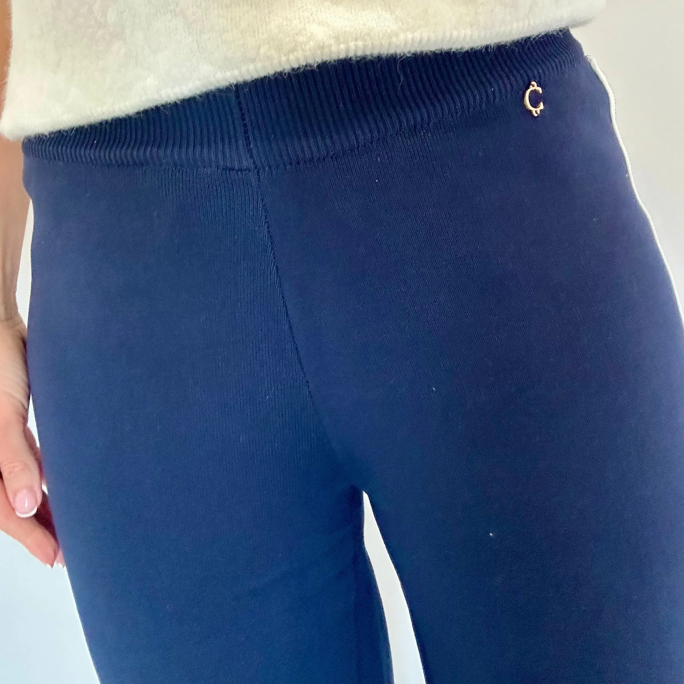 NAVY STRIPE KNIT TROUSERS
