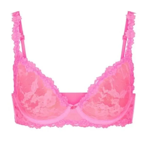 NWT SKIMS Stretch Lace Intimates Underwire Scoop Pink Sexy Lingerie Sheer Bra
