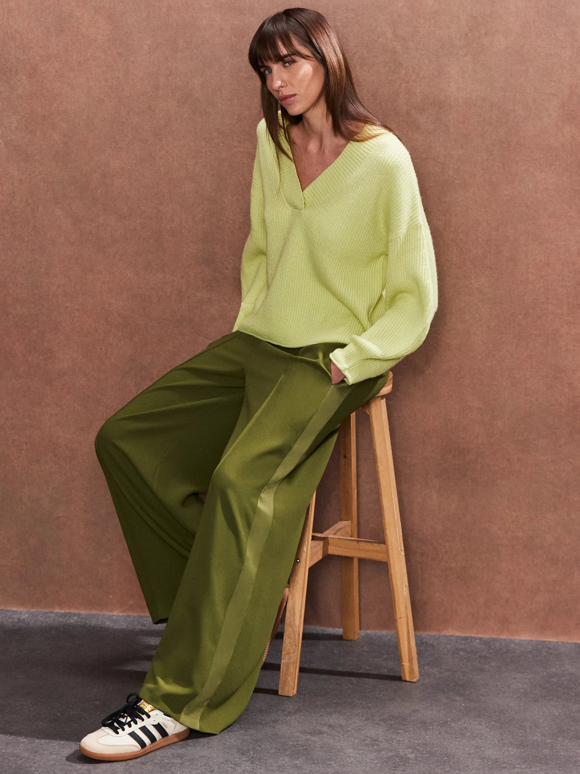 Olive Satin Side Stripe Trousers