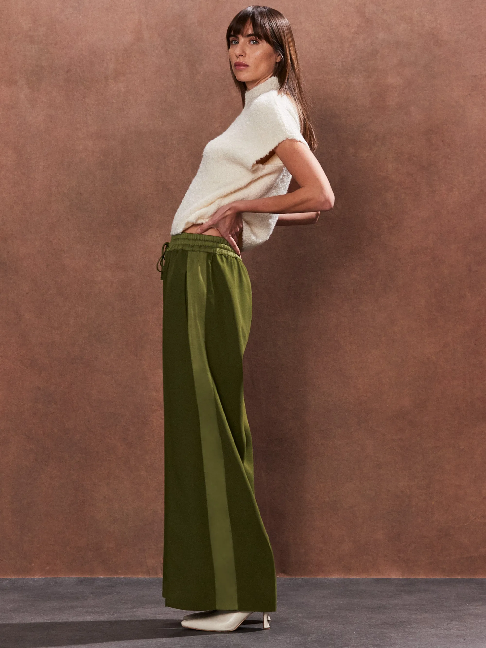 Olive Satin Side Stripe Trousers