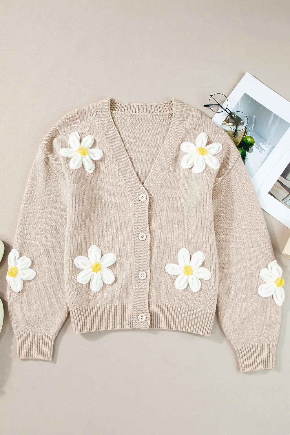 Parchment Elegant Flower Decor Button Front Cardigan