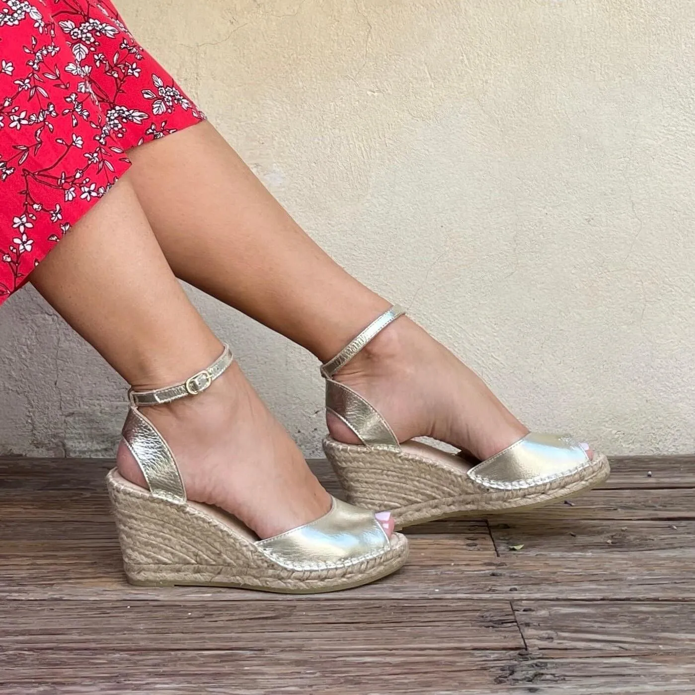 Peep Toe Espadrille Wedge in Champagne