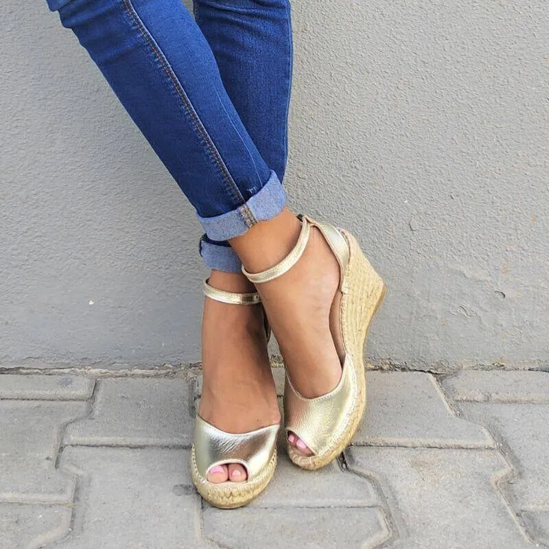 Peep Toe Espadrille Wedge in Champagne