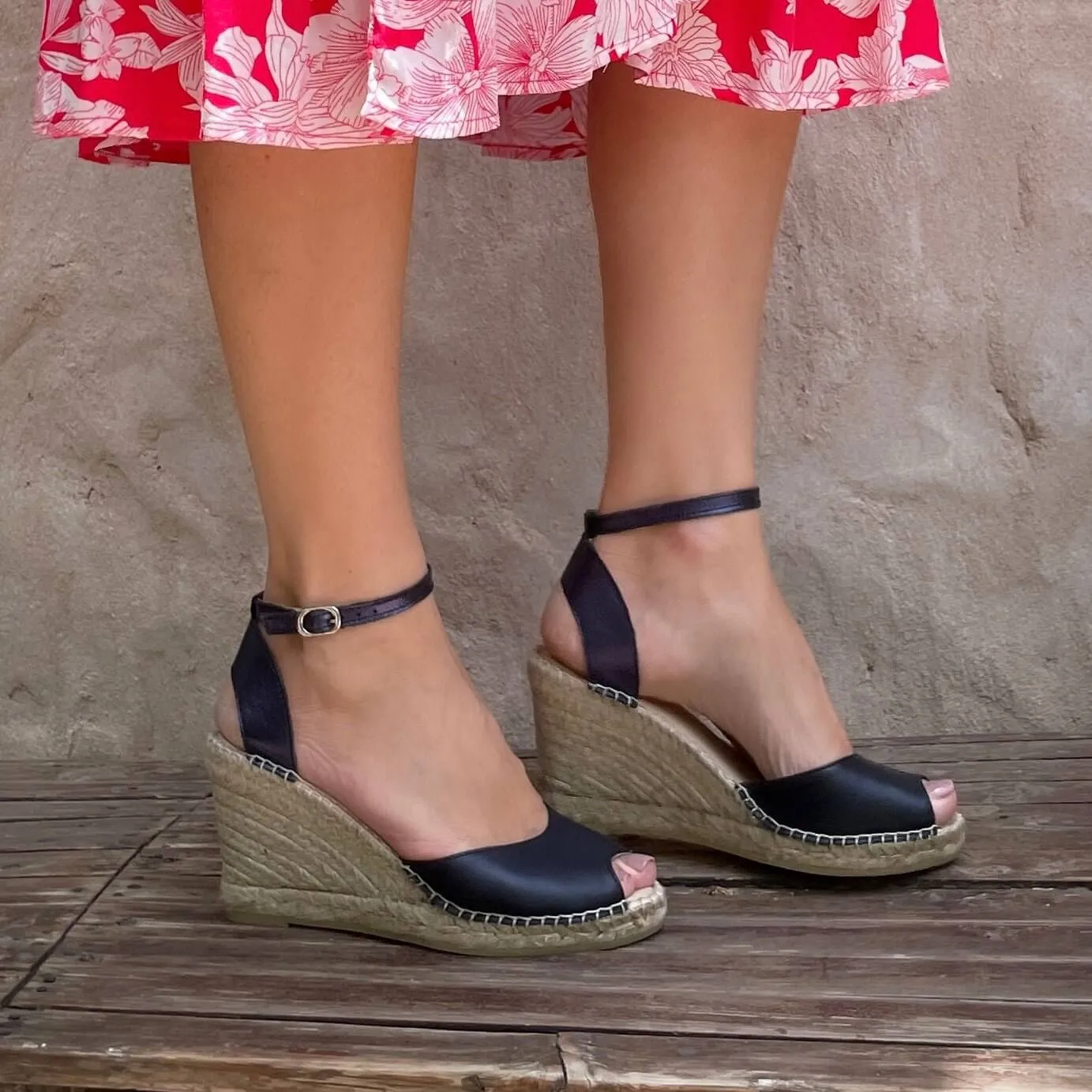 Peep Toe Espadrille Wedge in Navy