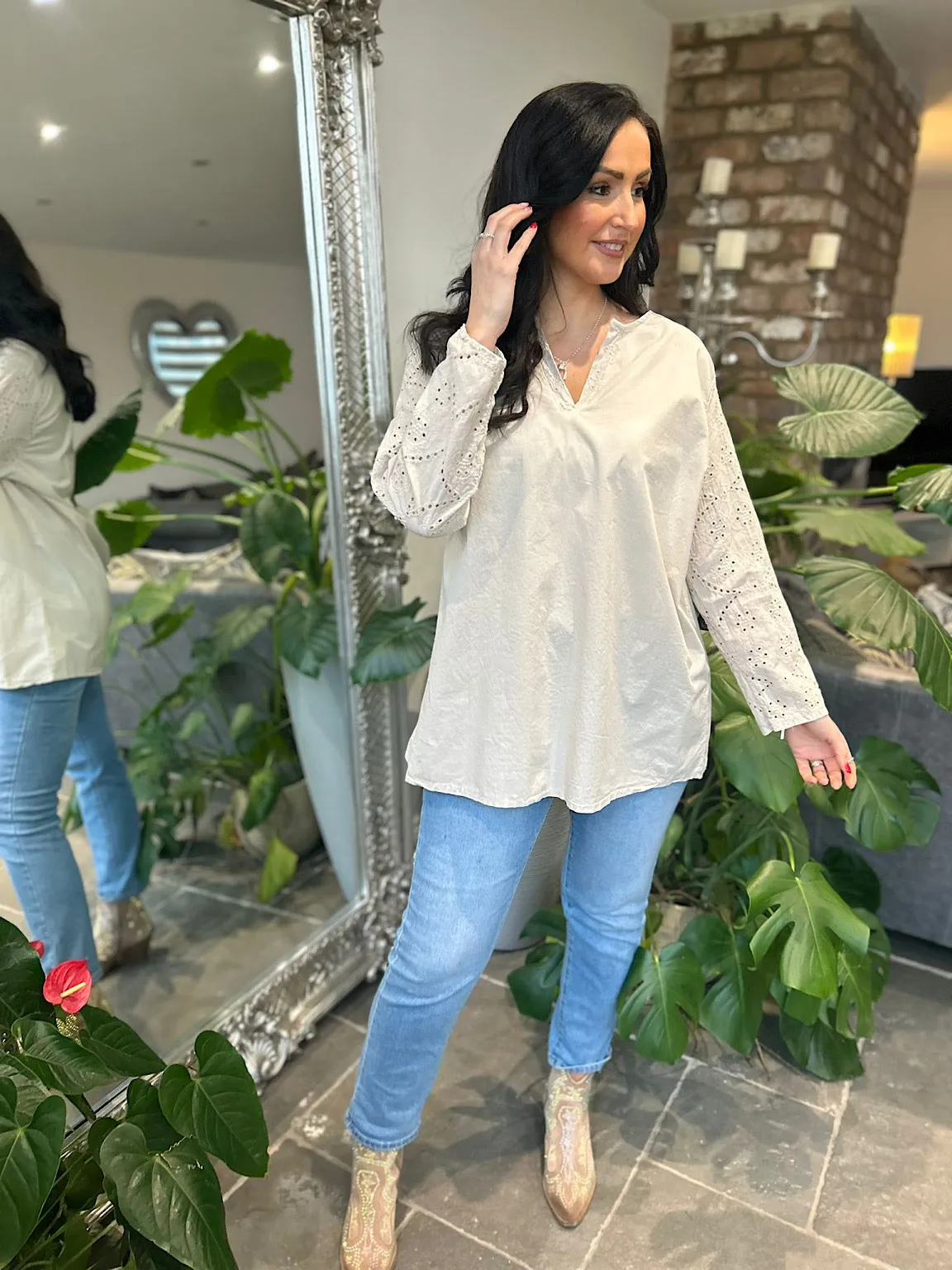 Stone Broderie Sleeve Detail Blouse Freida