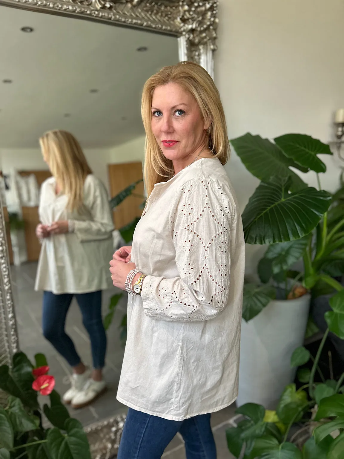 Stone Broderie Sleeve Detail Blouse Freida