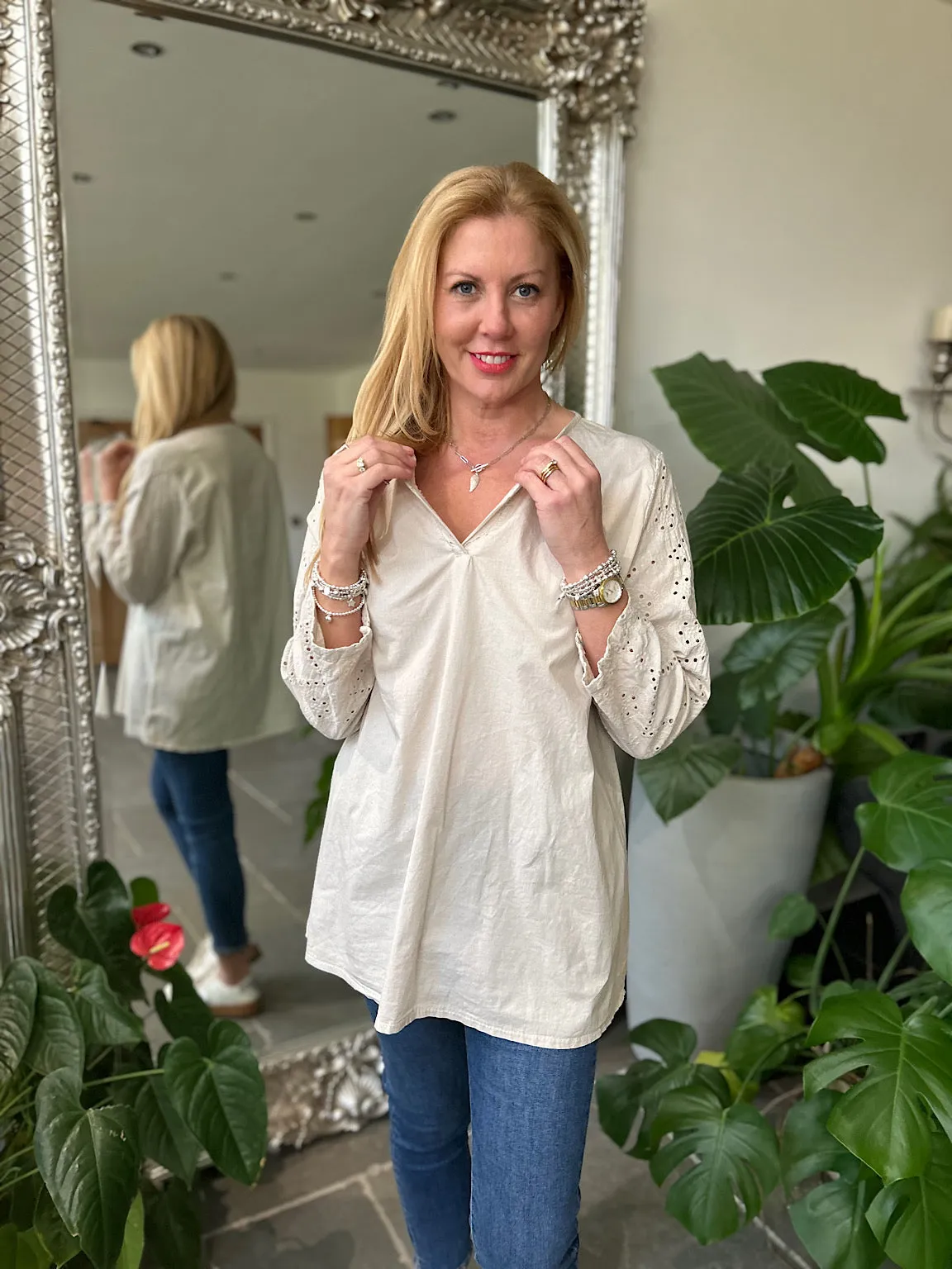 Stone Broderie Sleeve Detail Blouse Freida