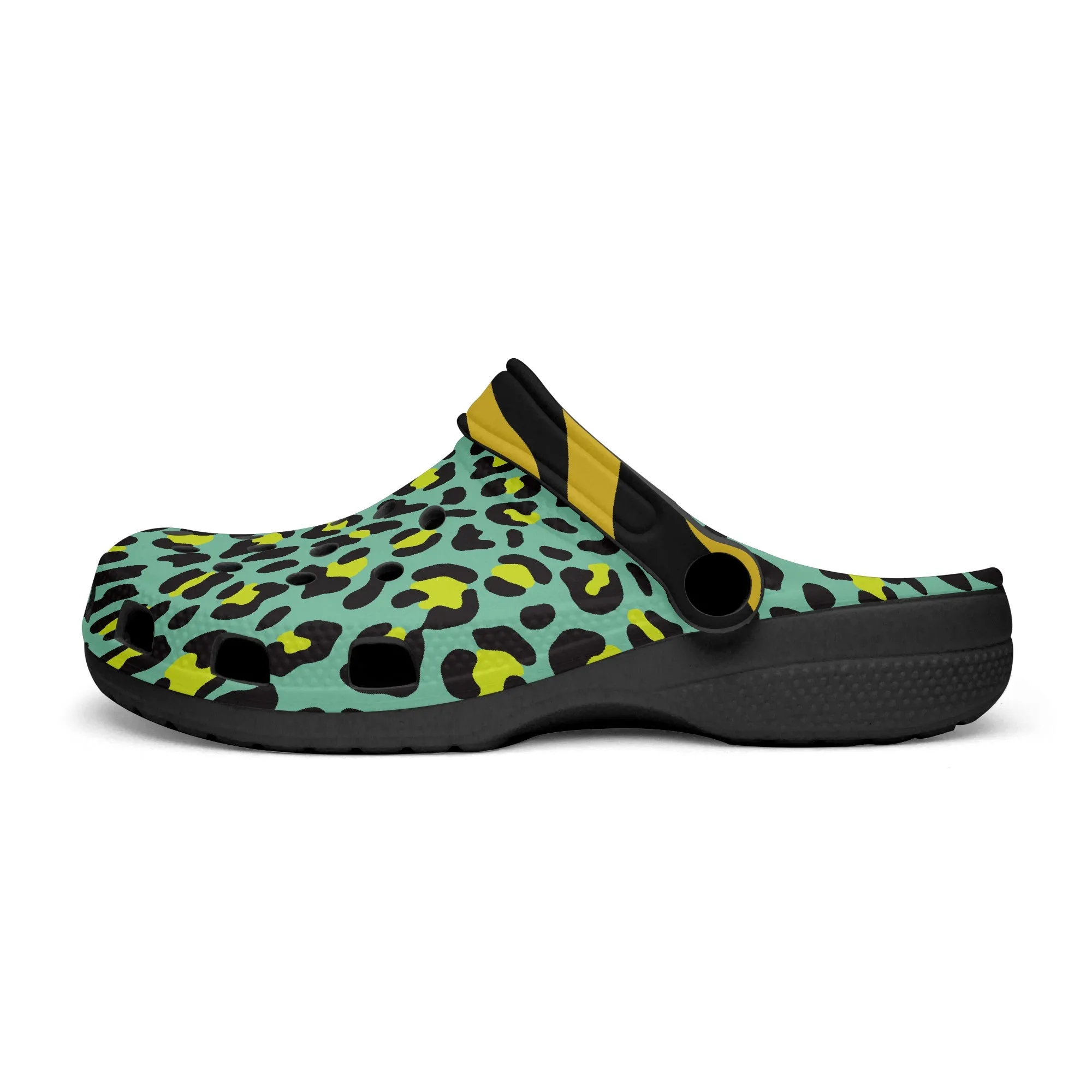 Stylish Leopard Print Clogs – Green, Black & Gold Animal Pattern Design