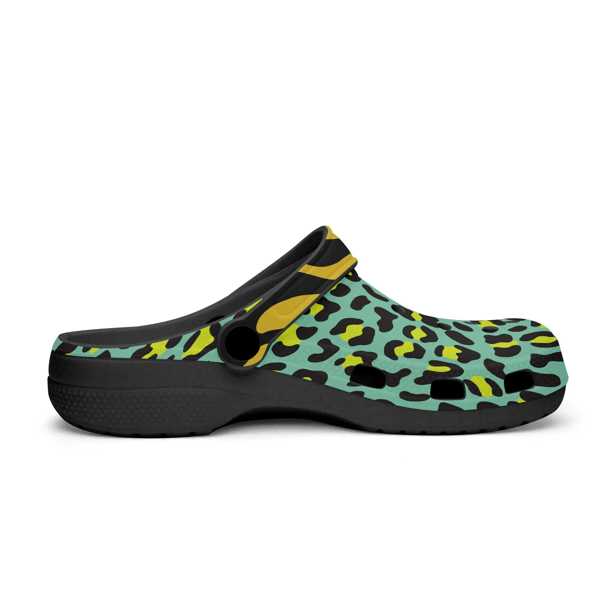 Stylish Leopard Print Clogs – Green, Black & Gold Animal Pattern Design