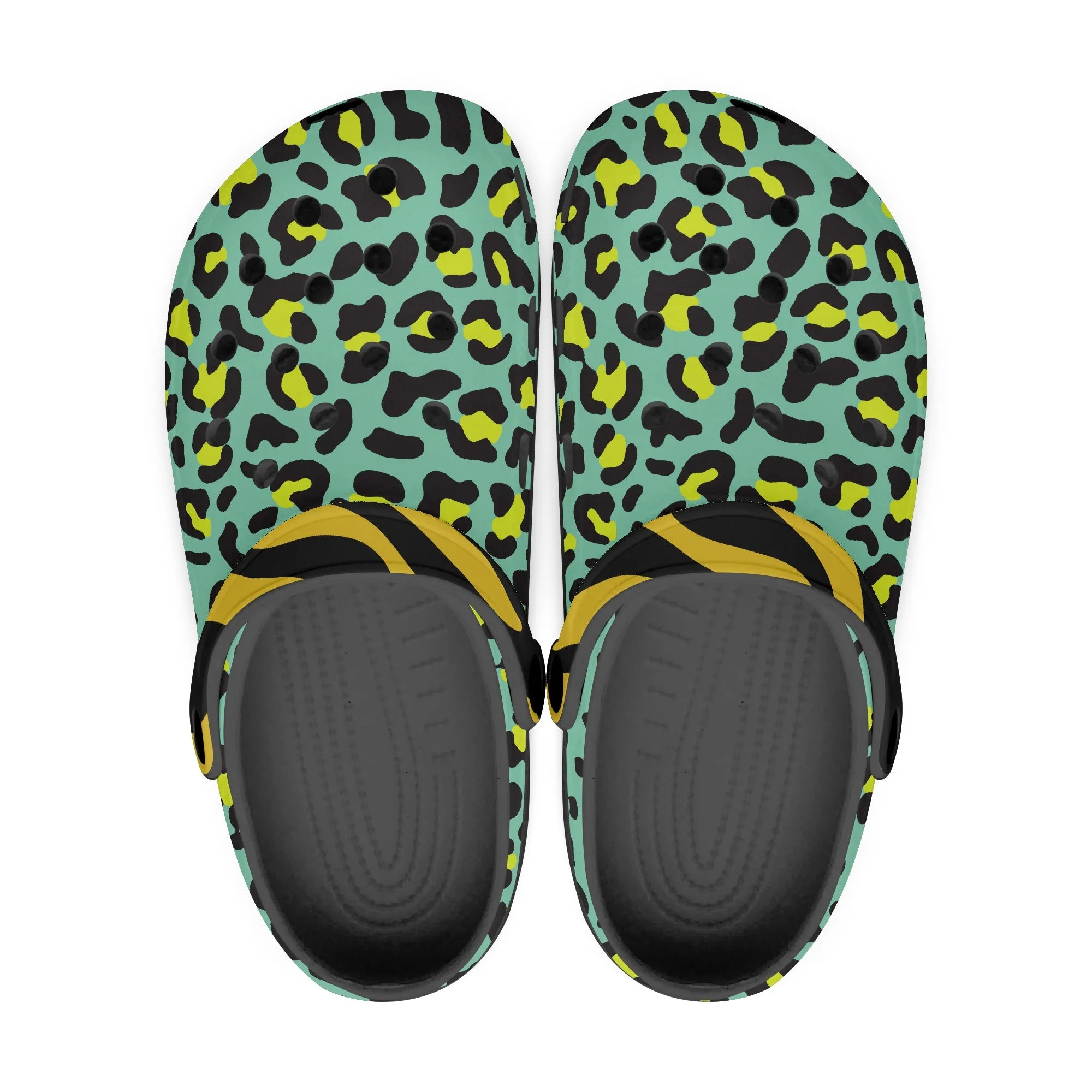 Stylish Leopard Print Clogs – Green, Black & Gold Animal Pattern Design