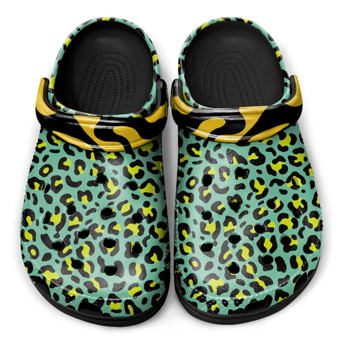 Stylish Leopard Print Clogs – Green, Black & Gold Animal Pattern Design