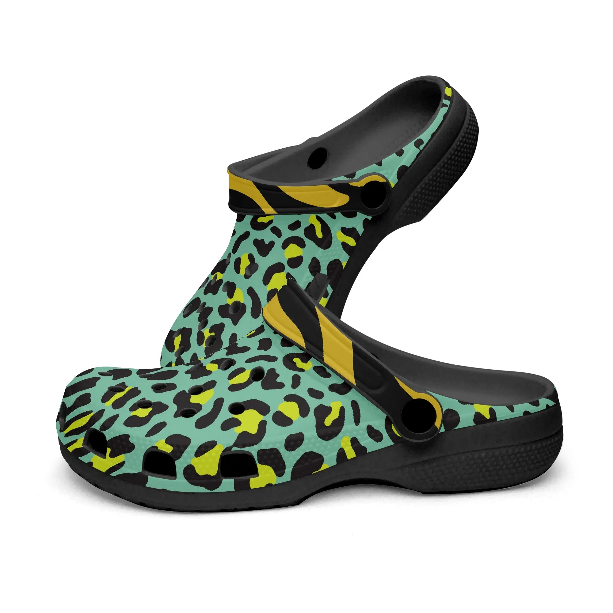 Stylish Leopard Print Clogs – Green, Black & Gold Animal Pattern Design