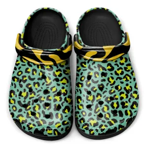 Stylish Leopard Print Clogs – Green, Black & Gold Animal Pattern Design