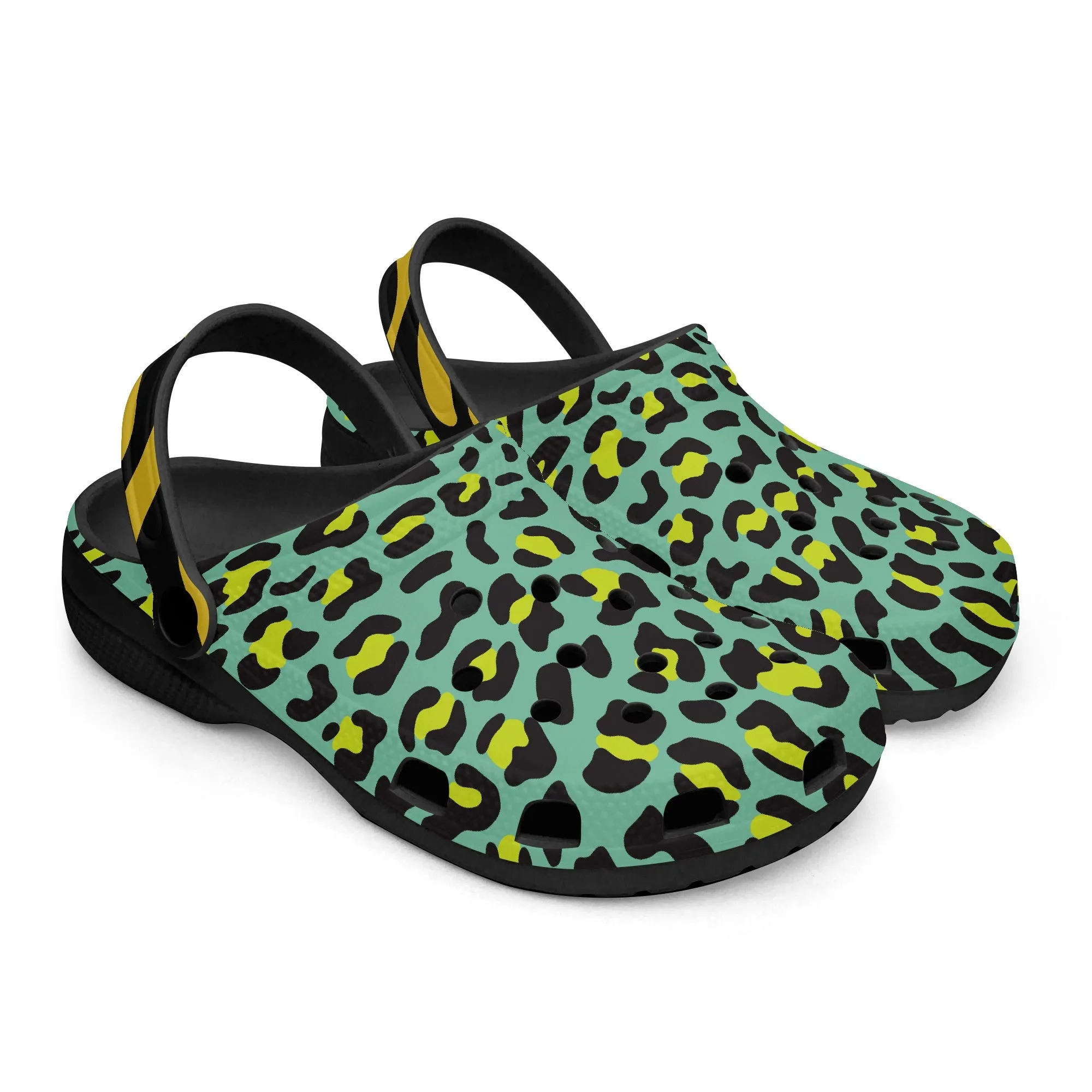 Stylish Leopard Print Clogs – Green, Black & Gold Animal Pattern Design