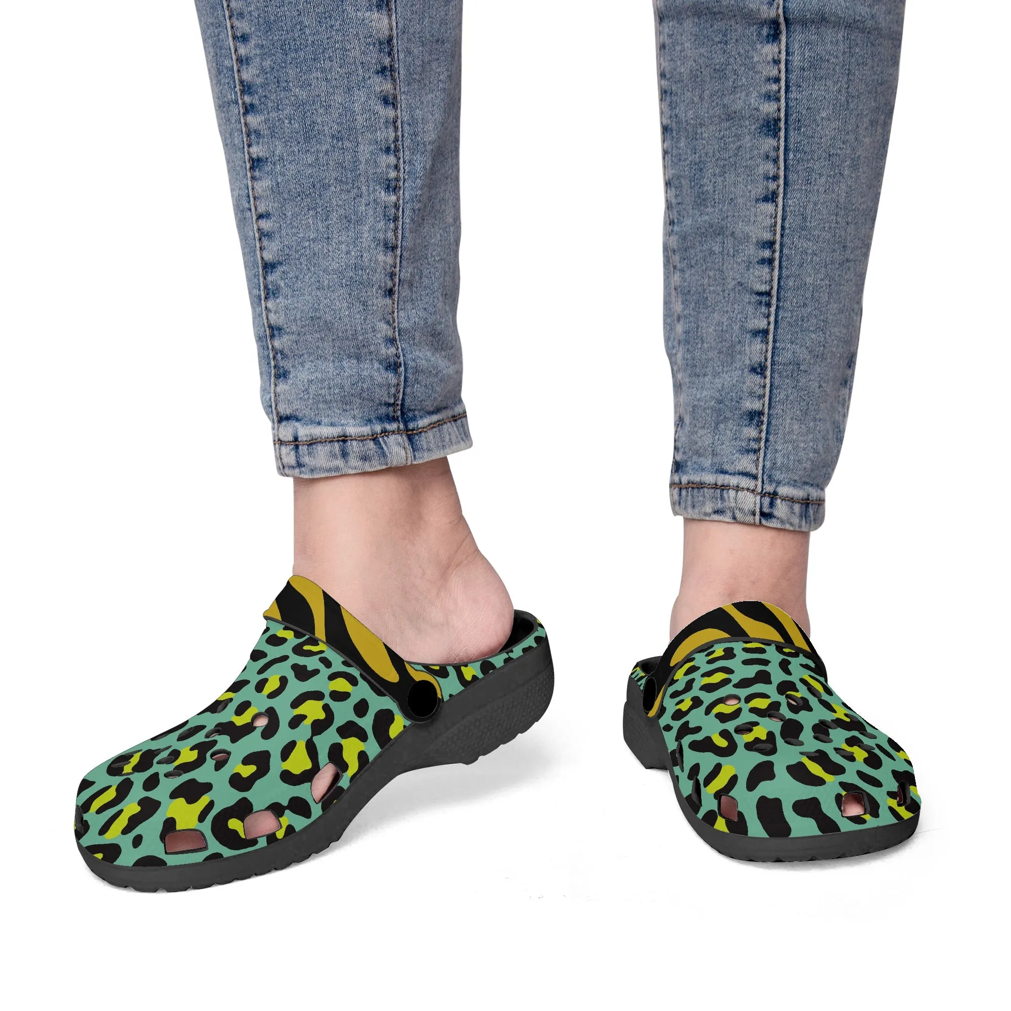 Stylish Leopard Print Clogs – Green, Black & Gold Animal Pattern Design