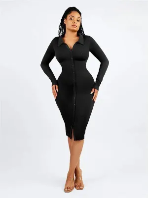 Tummy Control Retro Long Sleeve Shapewear Shirt Dress