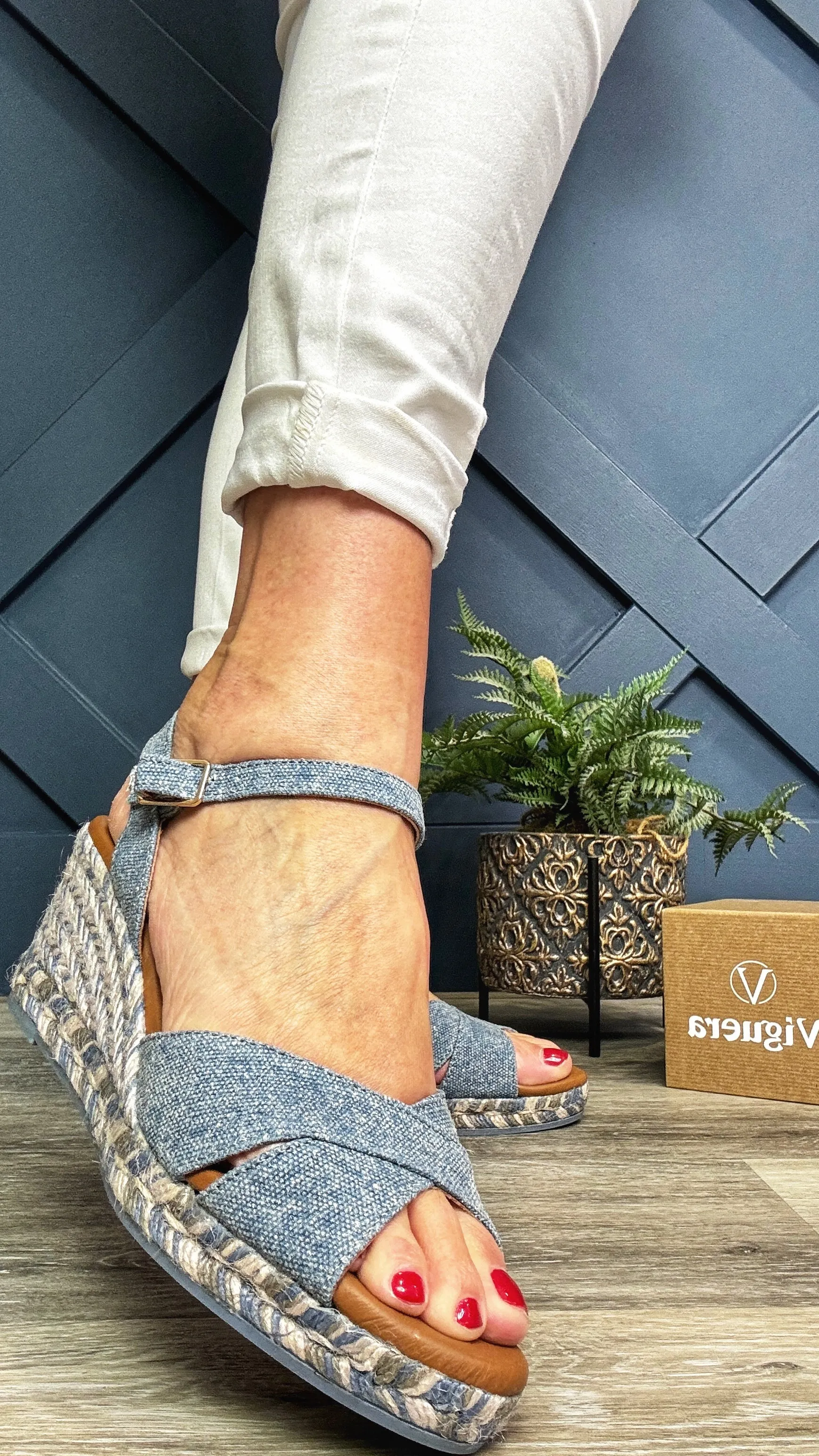 Viguera Denim Cross Over Wedge Espadrille