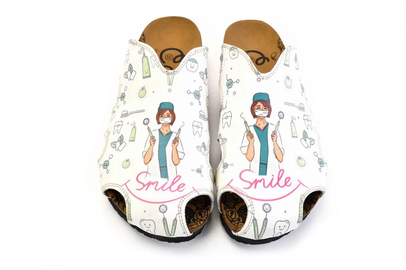 White and Pink Colored, Smile Written, Dentist Patterned Clogs - WCAL605